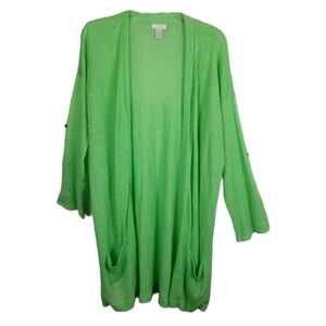 Chicos Womens Linen Open Cardigan Sweater Size 1 Medium Long Line Roll Tab Green